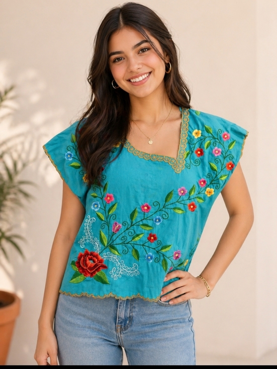 BOHO CHIC Tops - Teal  Mexican Embroidered Blouse – Artisan Cotton Peasant Top, Boho Fiesta Sz 18